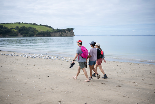 Three people walking on the beach. Shakespear Regional Park. Auckland Region.