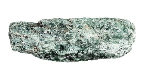 specimen of natural raw green kyanite rock cutout on white background