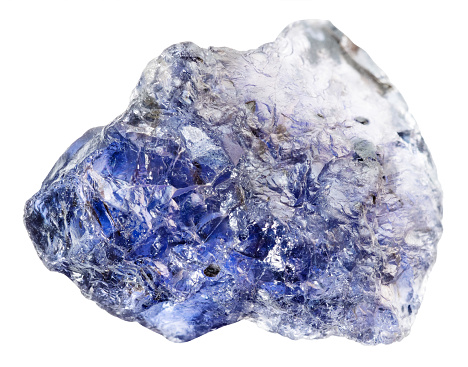 specimen of natural raw iolite rock cutout on white background