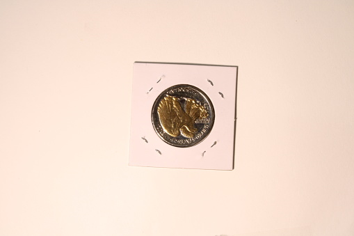 This coin is the front side of the Standing Liberty half dollar with gold paint
