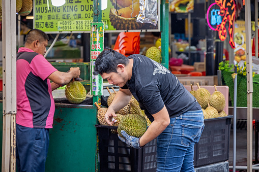 Kuala Lumpur, Malaysia - January 6th 2024:  Man handling durian fruits at a street restaurant in the Malaysian capital