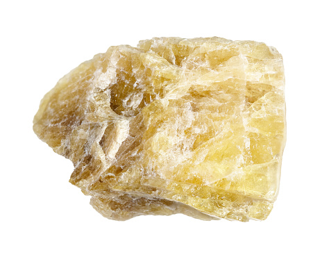 specimen of natural raw yellow tourmaline mineral cutout on white background