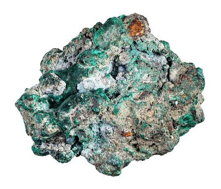 specimen of natural raw malachite ore cutout on white background