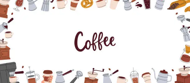 Vector illustration of Coffee shop elements in horizontal banner. Cafe menu, coffee shop. Beans, drinks, cups, pot, package, grinder, filter, machine, portafilter, kettle.