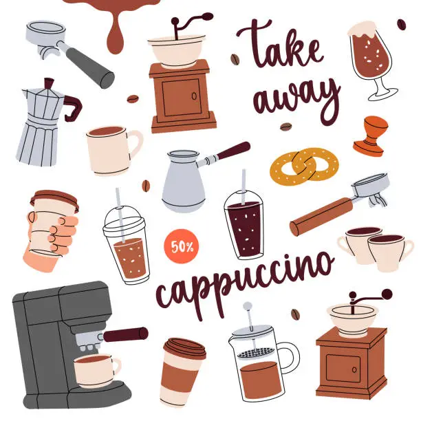 Vector illustration of Coffee set. Hand drawn elements for cafe menu, coffee shop. Beans, cups, pot, package, grinder, filter, machine, portafilter, kettle.