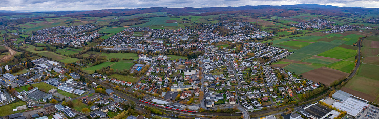 Aerial of the old town of  Bad Camberg in Germany on a cloudy morning in fall