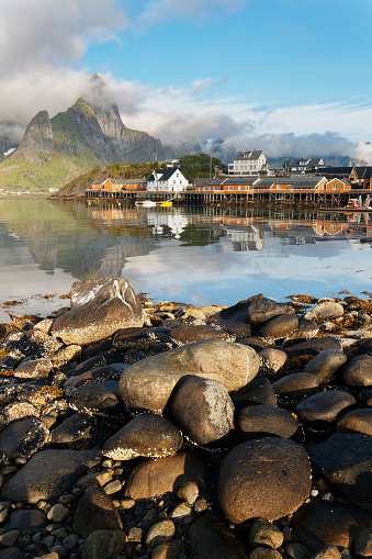 The village of Sakrisoy (Sakrisøya) in Lofoten Islands on a beautiful foggy summer morning, Norway