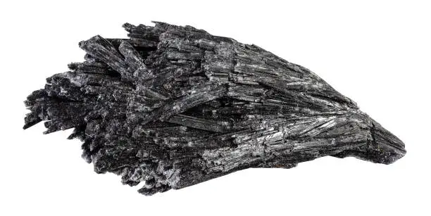 specimen of natural raw black kyanite rock cutout on white background