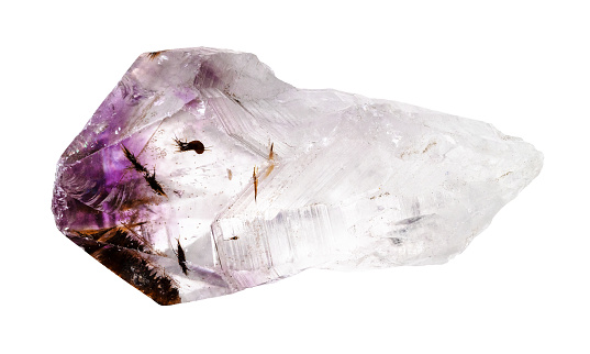 specimen of natural raw amethyst quartz crystal cutout on white background