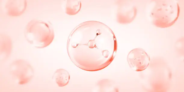 Vector illustration of Molecule inside bubble on pink background. Pink collagen serum drops. Concept skin care cosmetics solution. Vector illustration
