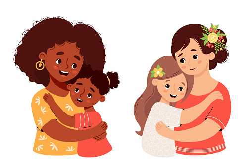 Cute mother and daughter. Happy family set. Beautiful light and dark-skinned woman tenderly hugging teenage girl. Vector illustration flat cartoon style. Isolated female character.