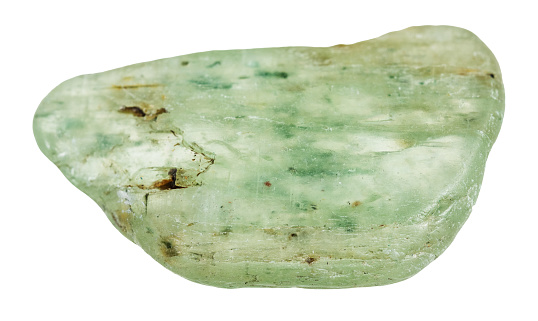specimen of natural tumbled green kyanite rock cutout on white background