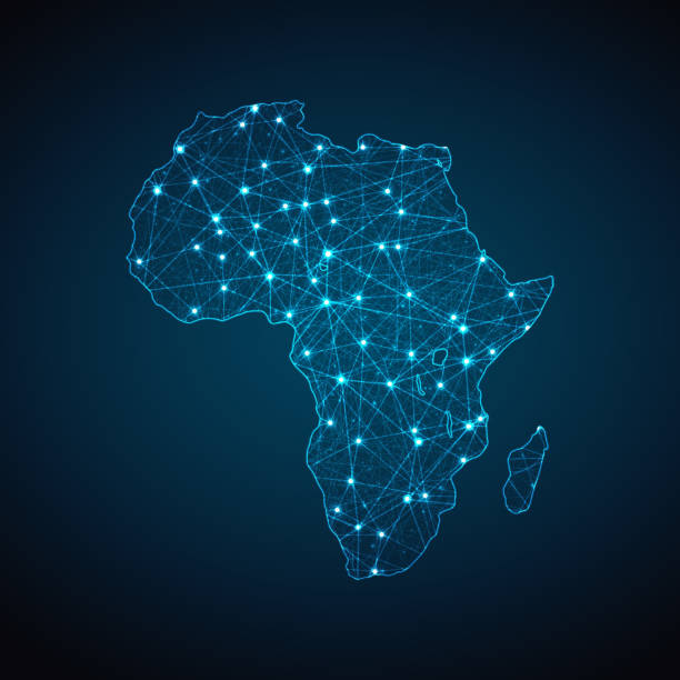 illustrations, cliparts, dessins animés et icônes de lumière polygonale de maille géométrique de carte de continent africain. sphères de maille filaire d’affaires de débris volants style de structure bleue - afrique