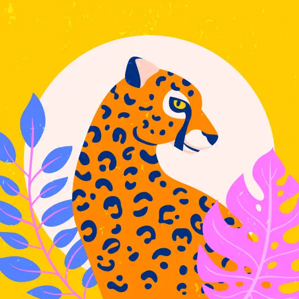 Vector illustration of Leopard with plants minimalistic illustration