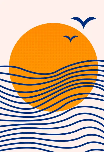 Vector illustration of Sunset abstract minimalistic illustration with birds