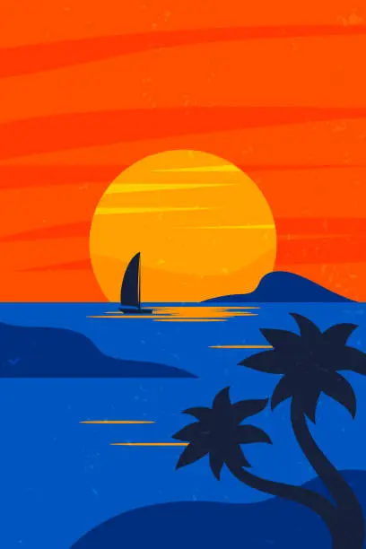 Vector illustration of Sunset minimalistic illustration with a boat and palms