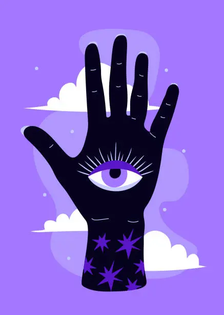 Vector illustration of Magical minimalistic illustration of a hand with an eye