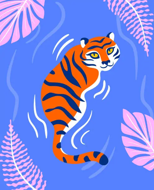 Vector illustration of Tiger in water with plants minimalistic illustration