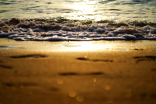 Ocean waves on the beach catch the evening sun, sparkling with a golden hue. Bokeh light effect.