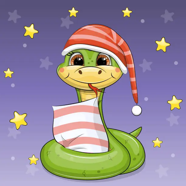 Vector illustration of Cute cartoon green snake in nightcap is going to sleep with a pillow.