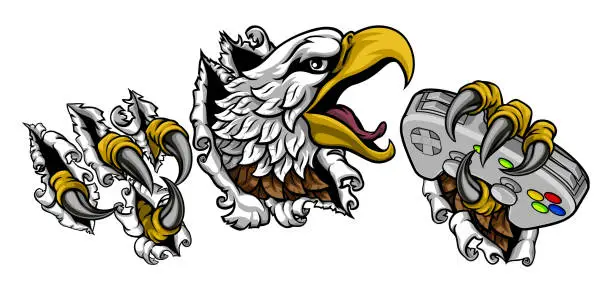 Vector illustration of Bald Eagle Hawk Gamer Video Game Controller Mascot