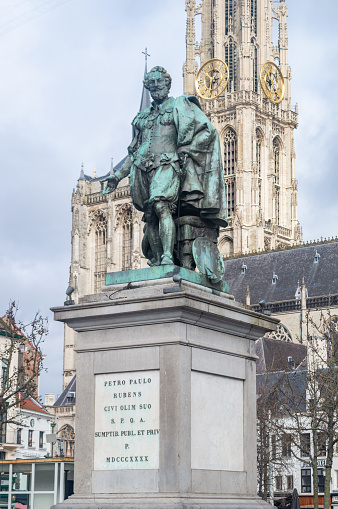 Antwerp, Belgium - February 24, 2024: Statue Peter Paul Rubens (Standbeeld Pieter Paul Rubens).