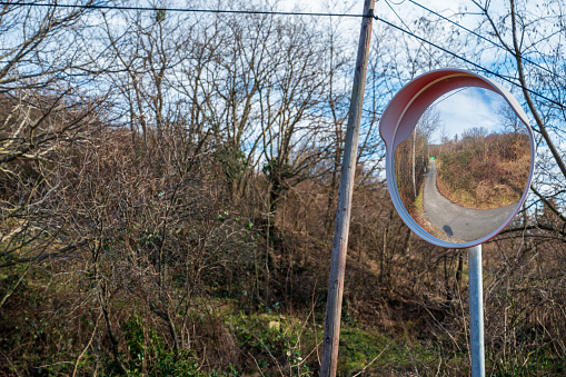 Traffic mirror in autumn forest. In reflection is narrow asphalt road between the bushes. Blurred background.