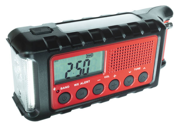 istock Bright flashlight on the side of a weather radio 2091012709