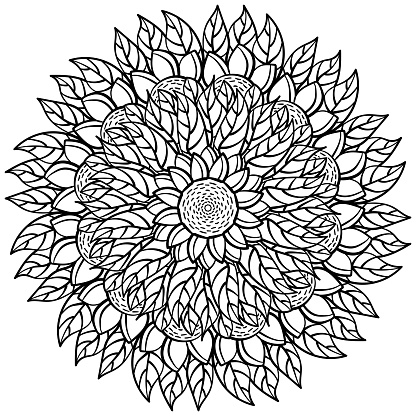 Mandala with flowers and bunches of leaves, fantasy coloring page vector illustration for kids activity for Mother's Day