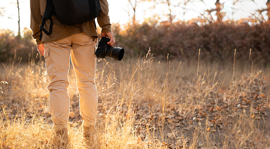 Photographer holding camera outdoors in autumnal forest, close-up. Banner. Copy space
