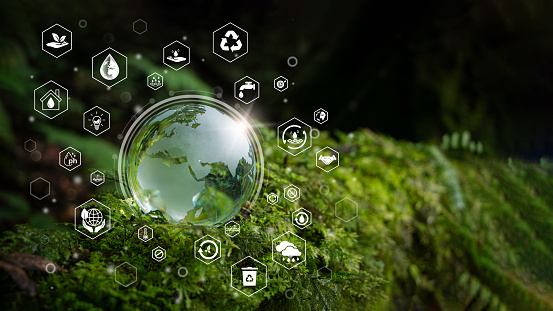 Concept of ecology and World water day . Crystal globe placed on moss with i cons. save water. World Earth day, environment day. Conserving the environment in terms of water resources.