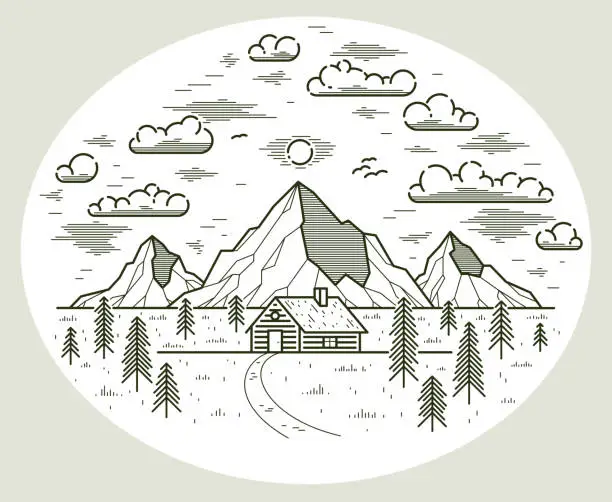 Vector illustration of Cabin in mountains linear vector nature illustration isolated on white, log cabin cottage for rest in pine forest, holidays and vacations theme line art drawing.