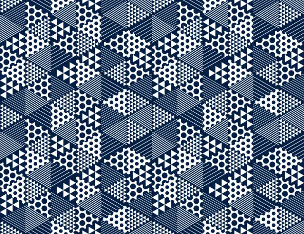 Vector illustration of Geometric 3D seamless pattern with cubes, rhombus and triangles and dots boxes blocks vector background, architecture and construction, wallpaper design.