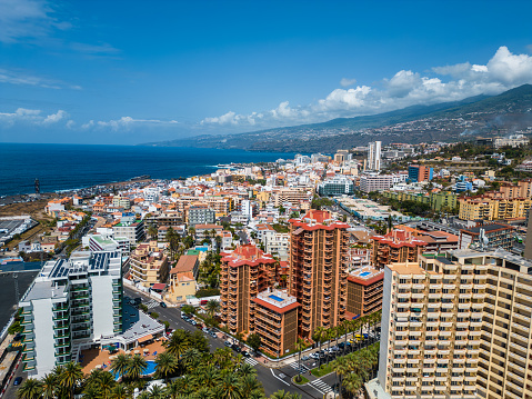 urban street view of Puerto De La Cruz, Tenerife, Canary island, aerial. High quality picture, aerial view