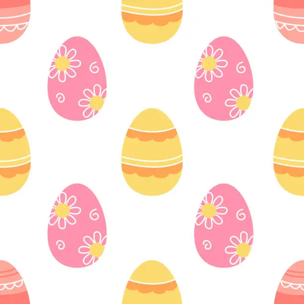 Vector illustration of Easter seamless pattern with painted eggs on white background. Festive bright background for printing on packaging, fabric, paper and other surfaces.