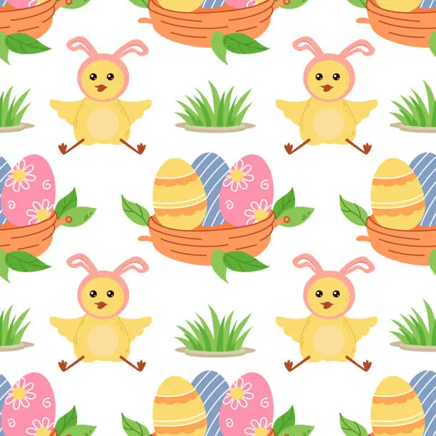 Vector illustration of Easter seamless pattern with nest and painted eggs, chickens and grass on white background. Festive bright background for printing on packaging, fabric, paper and other surfaces.