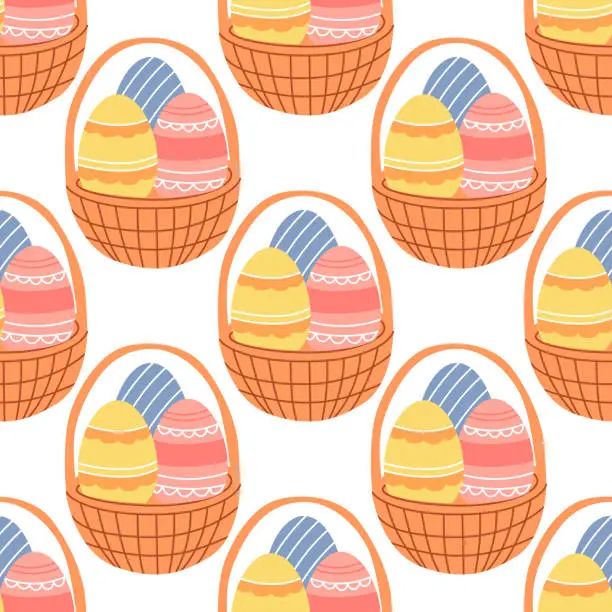 Vector illustration of Easter seamless pattern with basket and painted eggs on white background. Festive bright background for printing on packaging, fabric, paper and other surfaces.