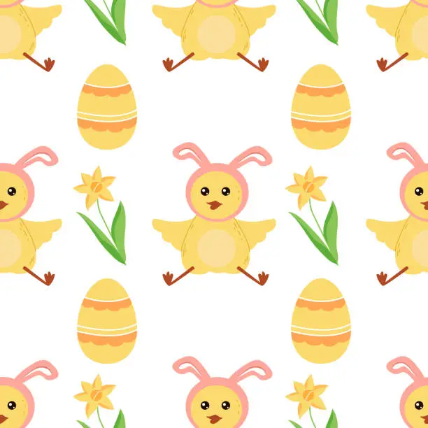 Vector illustration of Easter seamless pattern with cute chickens, eggs and daffodils on white background. Festive bright background for printing on packaging, fabric, paper and other surfaces.