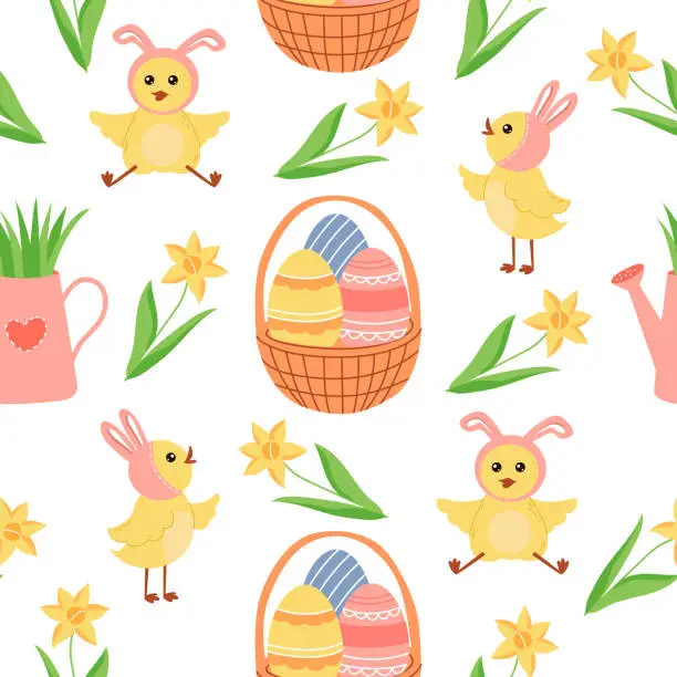 Vector illustration of Easter seamless pattern with cute chickens, basket with eggs, watering can and daffodils on white background. Festive bright background for printing on packaging, fabric, paper and other surfaces.