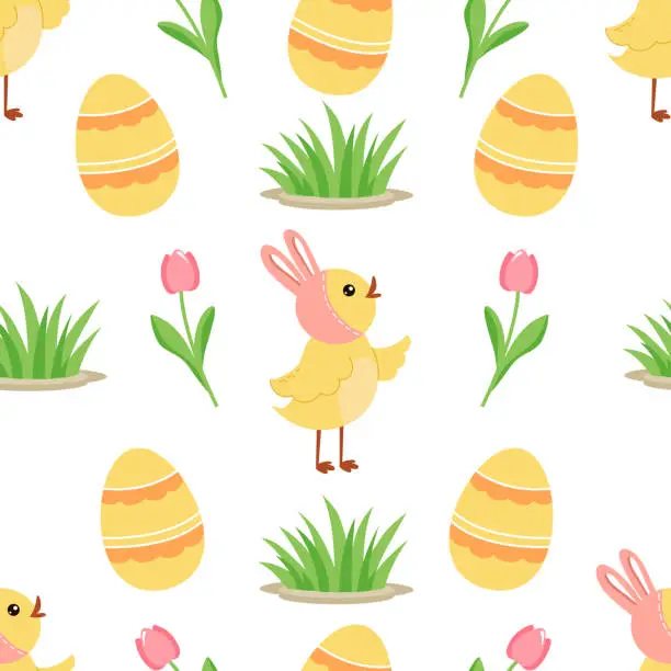 Vector illustration of Easter seamless pattern with cute chickens, eggs, tulips and grass on white background. Festive bright background for printing on packaging, fabric, paper and other surfaces.