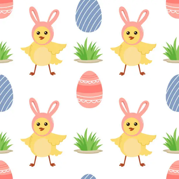 Vector illustration of Easter seamless pattern with cute chickens, eggs and grass on white background. Festive bright background for printing on packaging, fabric, paper and other surfaces.
