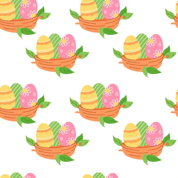 Vector illustration of Easter seamless pattern with nest and painted eggs on white background. Festive bright background for printing on packaging, fabric, paper and other surfaces.