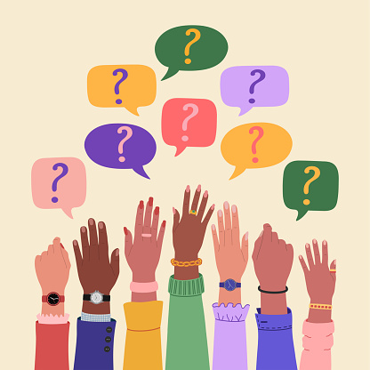 People raising hands and speech bubbles with questions marks. FAQ and questions concept. Hand drawn vector vector illustration isolated on light background, flat cartoon style.