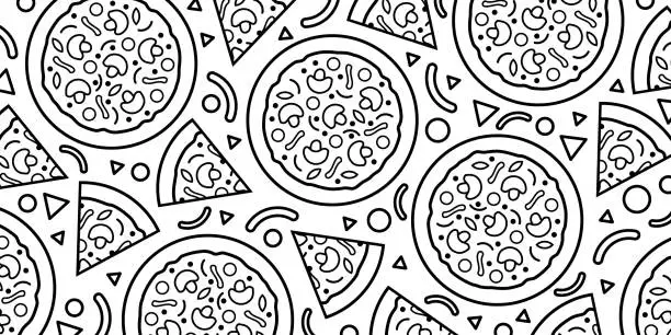 Vector illustration of Pizza backdrop. Back line pizza pattern on white background.