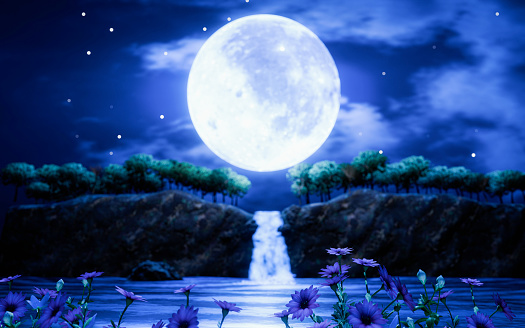 Waterfall cliff. Full moon night. Blue tone. Forest nature. Mountains and waterfalls. Glowing at night. Fantasy style. 3D Rendering