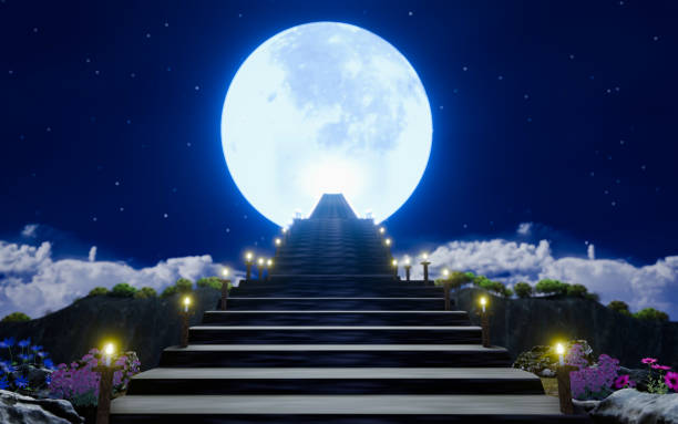 stairway to heaven in concept. a wooden staircase extended down from the full moon to the ground in the middle of a high mountain floor. stairs appear from the air. 3d rendering - sunbeam angel heaven blue foto e immagini stock