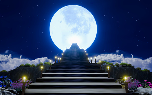 Stairway to heaven in concept. A wooden staircase extended down from the full moon to the ground in the middle of a high mountain floor. Stairs appear from the air. 3d rendering