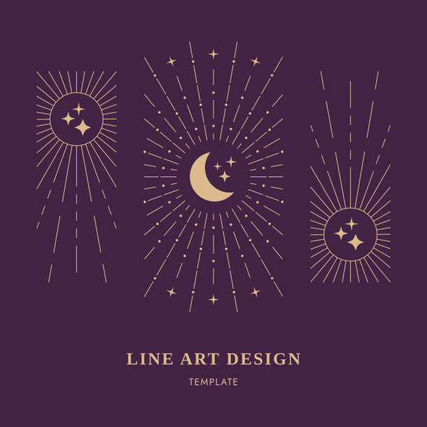 ilustrații de stoc cu carte de design celest, lună, raze de soare stele, fundal magic decorativ, ilustrație vectorială de artă cu linii subțiri - spiritualitate