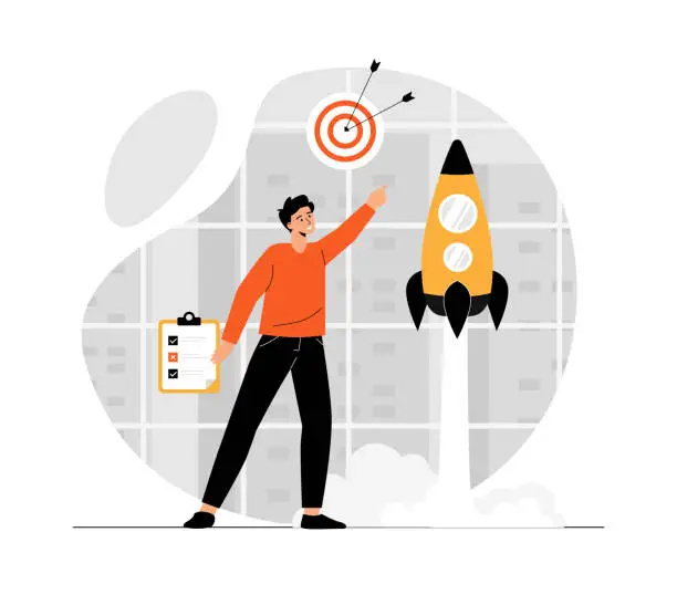 Vector illustration of Startup business concept. Man launches rocket. Сreating development strategy and starts company. Illustration with people scene in flat design for website and mobile development.