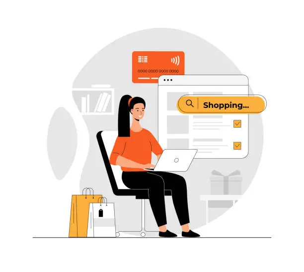 Vector illustration of Shopping online. Woman choosing goods at store, ordering and paying online in mobile app. Illustration with people scene in flat design for website and mobile development.